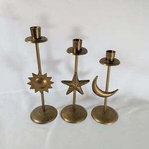 Vintage MCM Brass Sun Star Moon Candlestick Holders Set of 3 Made in India